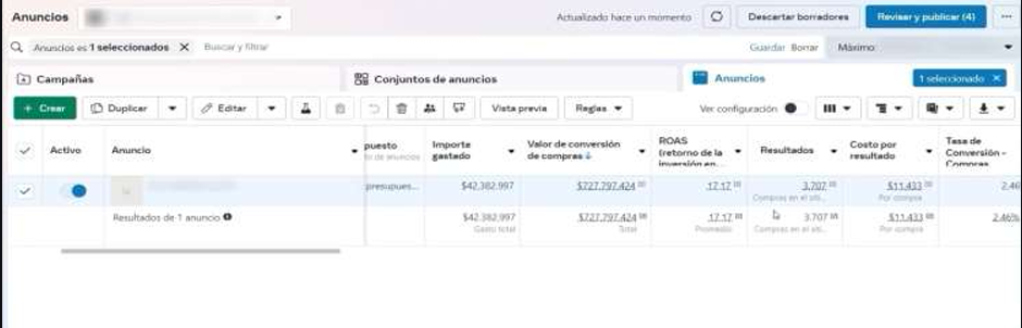 Campaña rentable en Meta Ads — ROAS 12.17